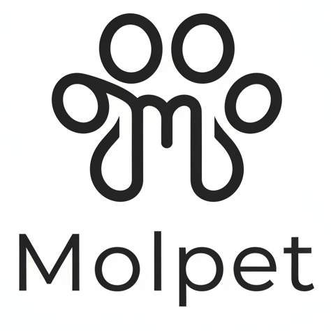A minimalist black logo featuring a stylized paw print with integrated letters above the word 'Molpet' on a plain white background.